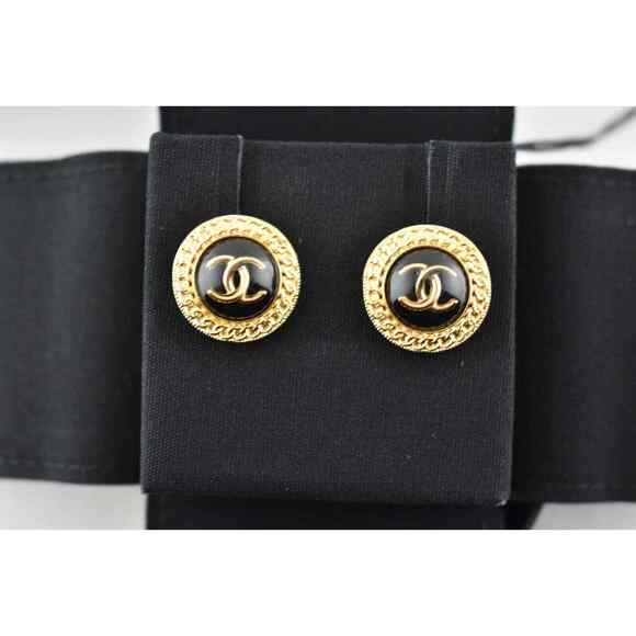 Chanel 21S Gold Black Chain Link CC Logo Large Dangle Statement Stud Earrings - Picture 7 of 12